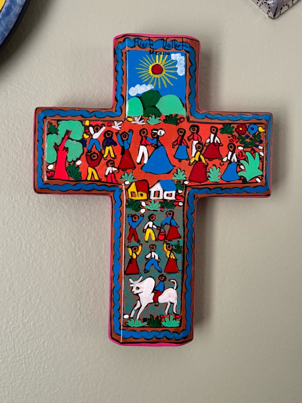 VIBRANT Mexican Handmade Ceramic Cross - EUC - From Puerto Vallarta